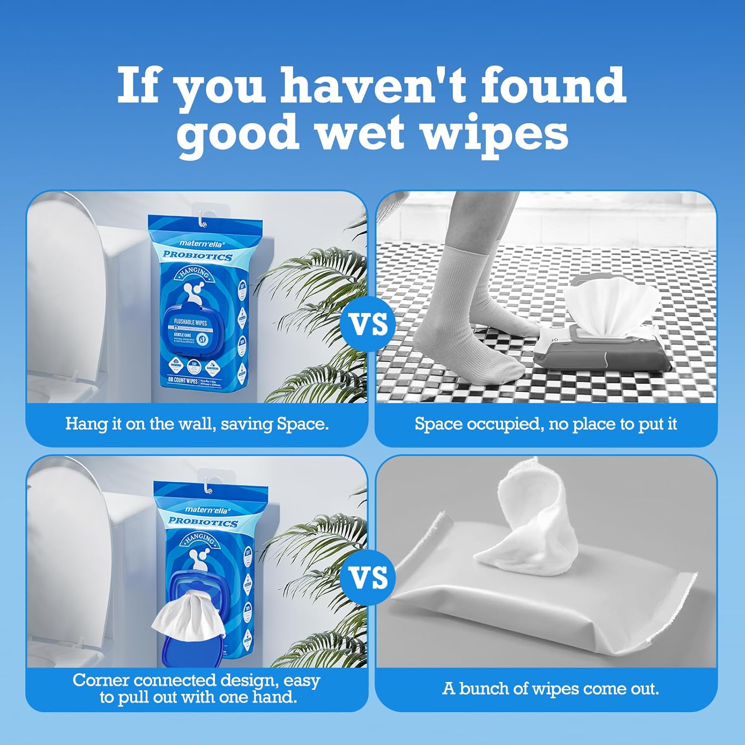 matern'ella Hanging Flushable Wipes Unscented Extra Large Corner-Connected Wet Wipes Adult Plant Based Fibers with Probiotics Alcohol Free Sewer Safe Butt Wipe Travel 3 Packs of 80 Wipes