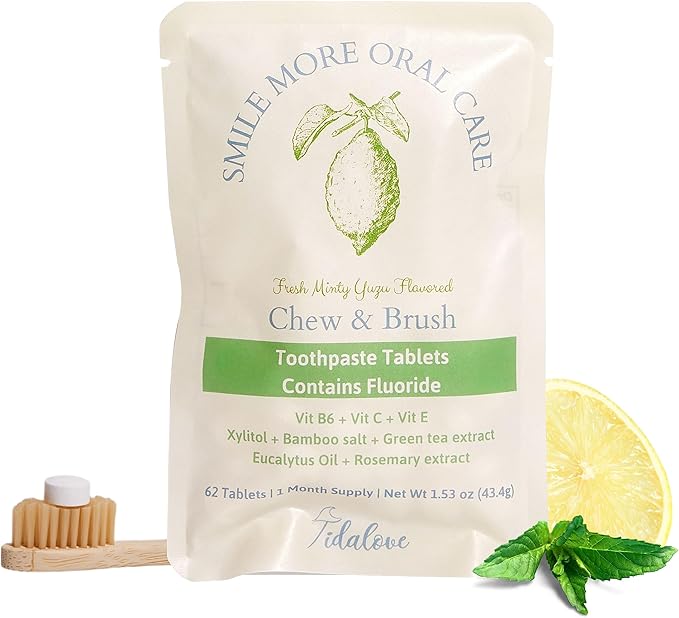 Smile More Toothpaste Tablets with Fluoride, Anti-Cavity, Vegan, Zero Waste, Eco-Friendly, Travel Friendly, 1 Month Supply Refill (62 Tablets) (Fresh Minty Yuzu)