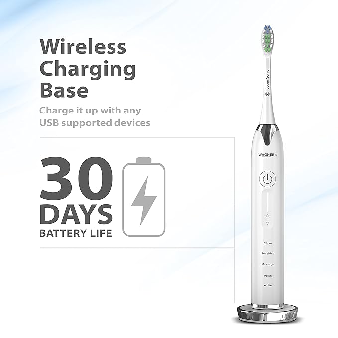 Wagner Stern Ultrasonic whitening Toothbrush with Pressure Sensor. 5 Brushing Modes and 4 Levels of Intensity, 8 Soft bristles, Travel case.