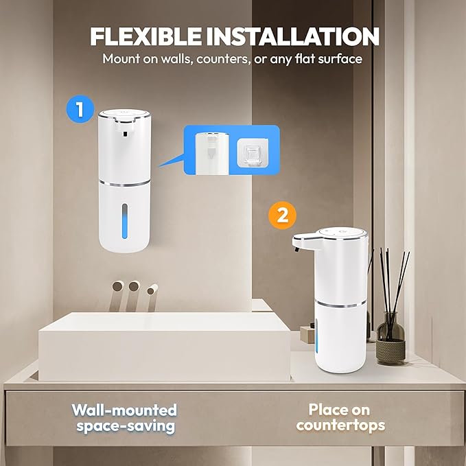 2 Pack Automatic Foaming Soap Dispenser,Touchless Foam Soap Dispenser,12.8oz Rechargeabled Wall Mounted Smart for Bathroom and Kitchen Dish Soap,Easy for Toddlers(White)