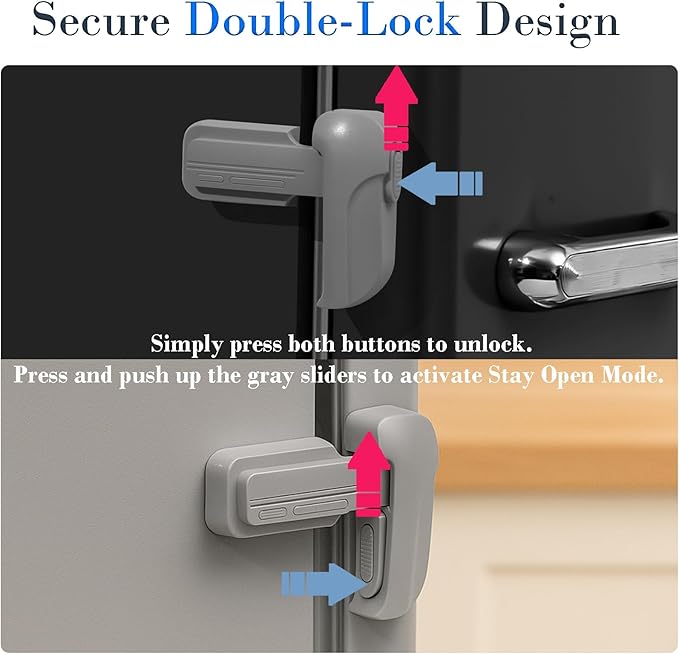 2 Pack Child Proof Fridge Lock, Baby Safety Refrigerator & Freezer Door Lock for Toddlers, Kids & Pets, One-Hand Operation, Strong Adhesive, No Tools or Drilling Needed, Gray