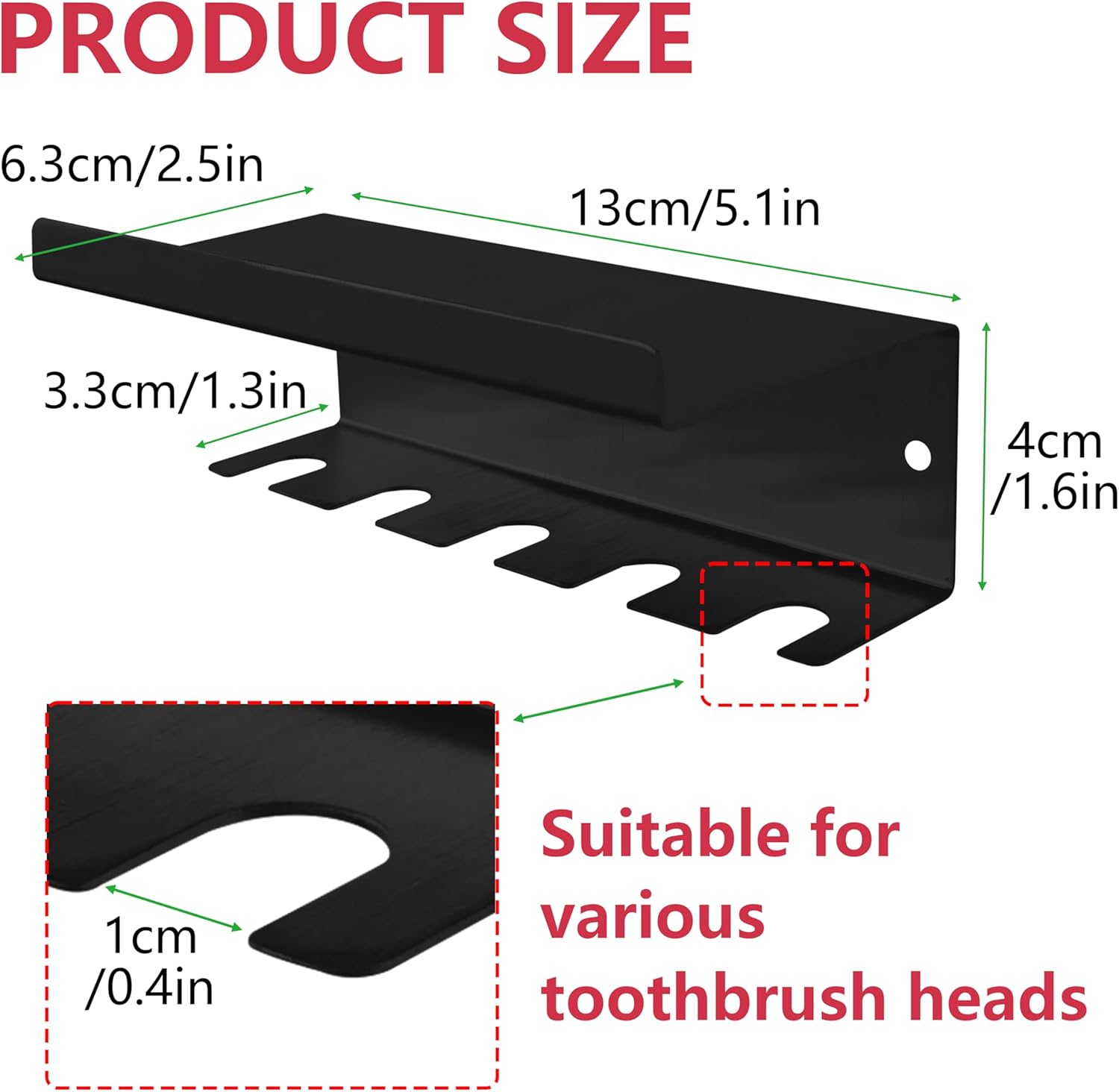 Stainless Steel Toothbrush Holder Wall Mounted - No Drill Bathroom Organizer with 3M Adhesive & Screws, 5-Slot Razor & Electric Toothbrush Holder, Rustproof for Wet Spaces (Black, 18/8 304 Grade)