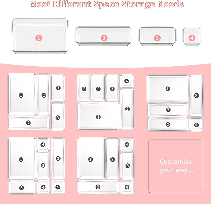 25 PCS Plastic Drawer Organizer Set, 4-Size Clear Bathroom and Vanity Desk Drawer Organizer Trays, Non-Slip Versatile Storage Bins for Makeup Jewelry Office Kitchen Gadgets