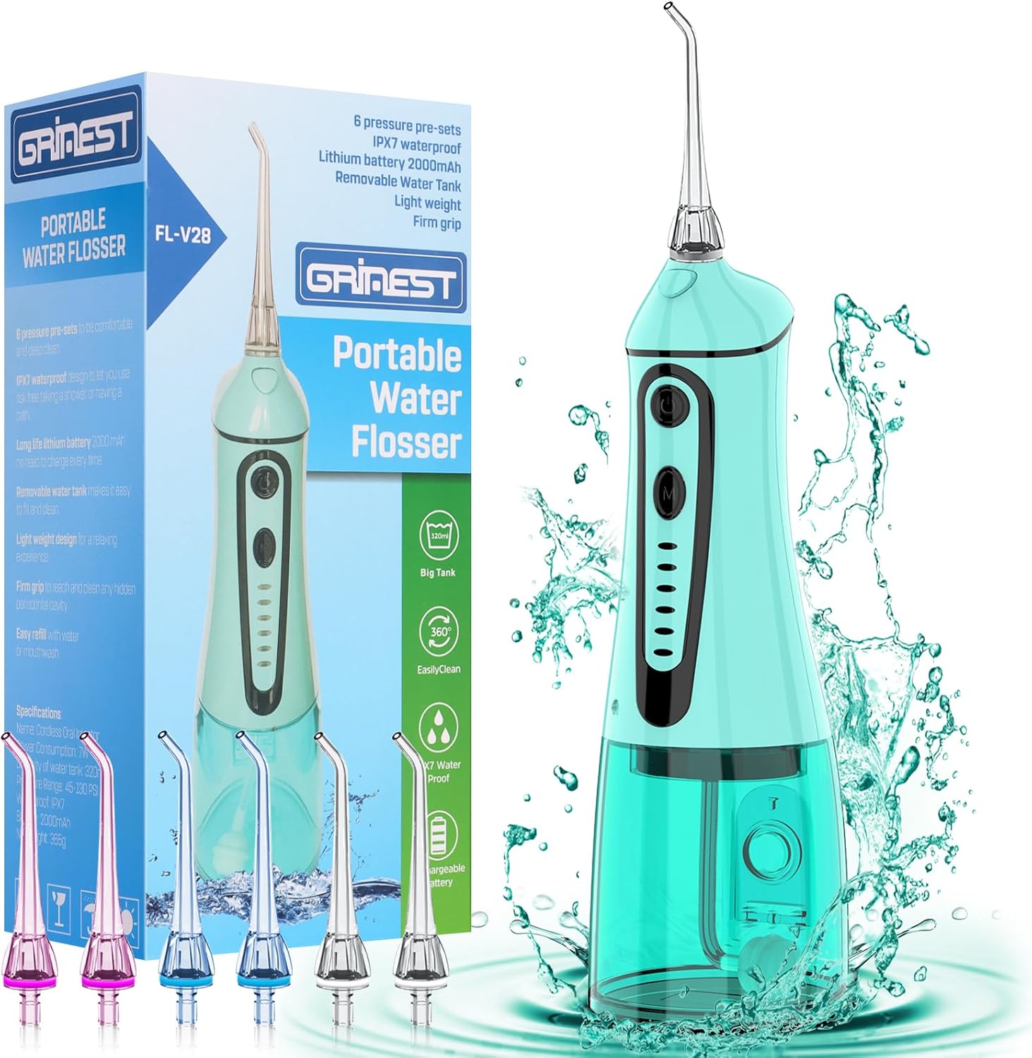 Water Dental Pik Flosser,Grinest 7 Modes Rechargeable Water Dental Picks for Teeth Cleaning Cordless Oral Irrigator Portable IPX7 Waterproof Tooth flossers for Home Travel-Green