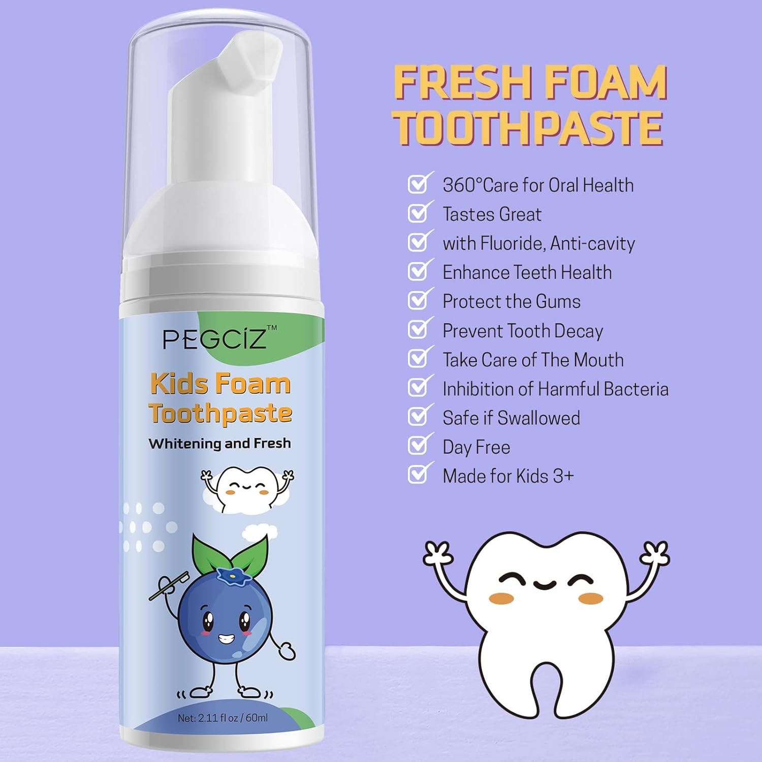 Kids Foam Toothpaste 2 Pack, Foam Toothpaste with Low Fluoride, Toddler Toothpaste for U Shaped Toothbrush Electric Toothbrush, Kids Toothpaste for Ages 3 Plus(Watermelon+Blueberry)