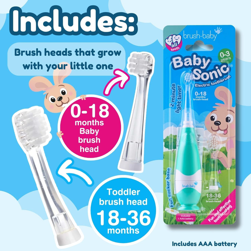 brush-baby BabySonic Infant and Toddler Electric Toothbrush for Ages 0-3 Years - Smart LED Timer and Gentle Vibration Provide a Fun Brushing Experience - Includes 2 Sensitive Brush Heads (Teal)