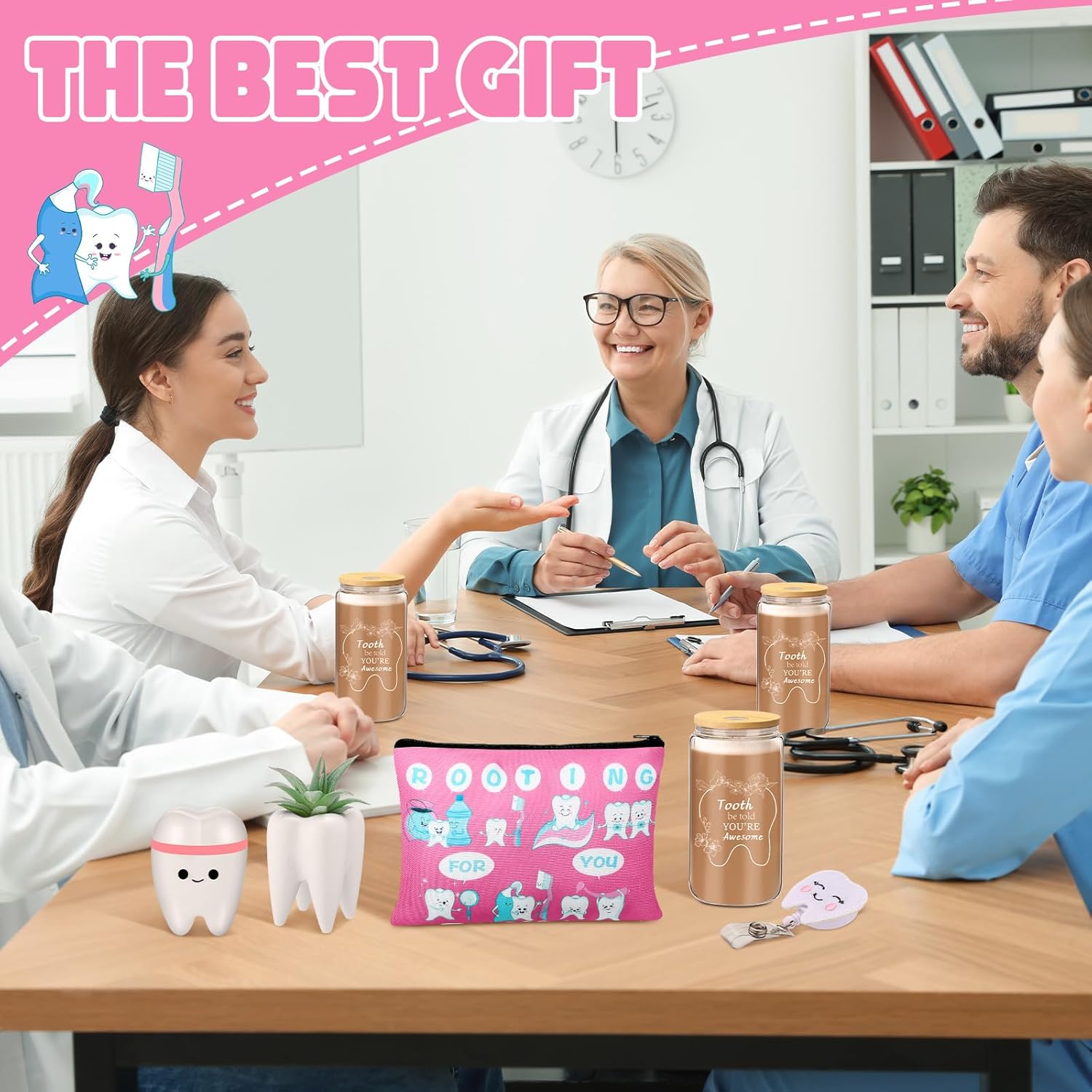 Pickmesh 6 Pcs Dental Gifts Nurse Assistant Hygienist Gifts 16 oz Glass Cups with Lid Makeup Bag Smiling Tooth Shape Felt Badge Holder Ceramic Pen Toothbrush Pot for Women Coworkers (Pink)