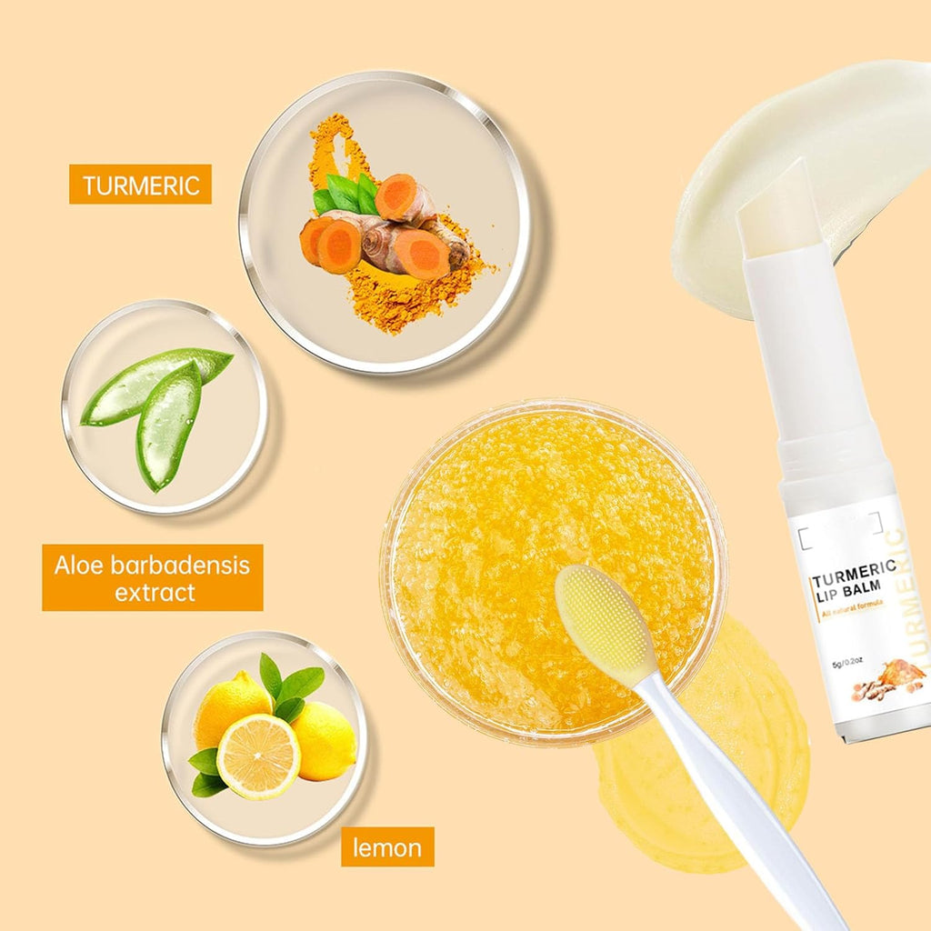 Turmeric Lemon Lip Scrub and Turmeric Lip Balm for Dark Lips to Lighten with Brush Set, 3PCS Lips Scrubber Exfoliator & Blam, Natural Exfoliator & Moisturizer for Dry, Chapped, Reduce Fine Lines
