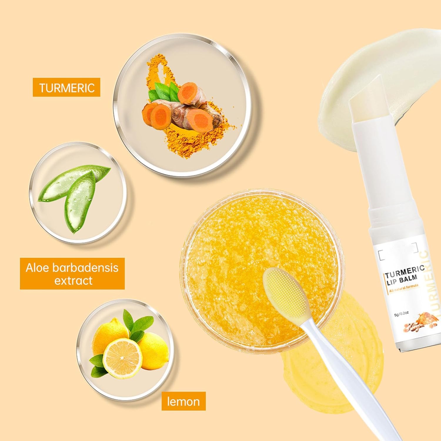 Turmeric Lemon Lip Scrub and Turmeric Lip Balm for Dark Lips to Lighten with Brush Set, 3PCS Lips Scrubber Exfoliator & Blam, Natural Exfoliator & Moisturizer for Dry, Chapped, Reduce Fine Lines