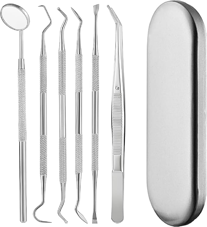 Teeth Cleaner Tool Kit Stainless Steel Plaque Tartar Remover Set of 6 with Metal Case, Tweezers, Oral Mirror, Teeth Cleaner, Probe, Stain Remover