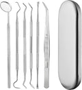 Teeth Cleaner Tool Kit Stainless Steel Plaque Tartar Remover Set of 6 with Metal Case, Tweezers, Oral Mirror, Teeth Cleaner, Probe, Stain Remover