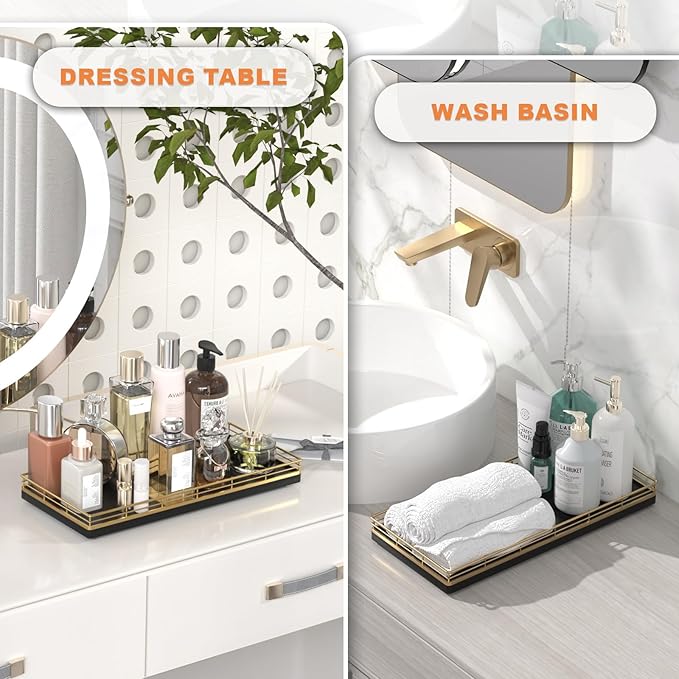 Oak Bathroom Toilet Tank Tray, 13" Paper Storage Basket Tray Back of Toilet Basket Organizer, for Perfume Makeup Candle Kitchen Counter Coffee Table Gold Decor