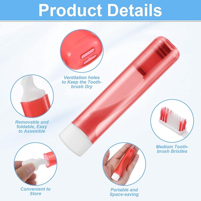 6Pcs Travel Toothbrush Kit, Mini Portable Toothbrush Set with Covers, Small Soft Folding Tooth Brush Individually Wrapped for Camping and Home, Red, Blue, Pink, Purple, Orange, Green