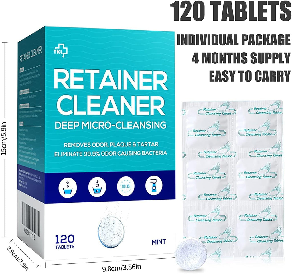 Y-Kelin Retainer and Denture Cleaner 120 Tablets for 4 Months Removes Stains Plaque Odors for Dentures Retainers Mouth Guard and Removable Dental Appliances (120 PCS, Mint)