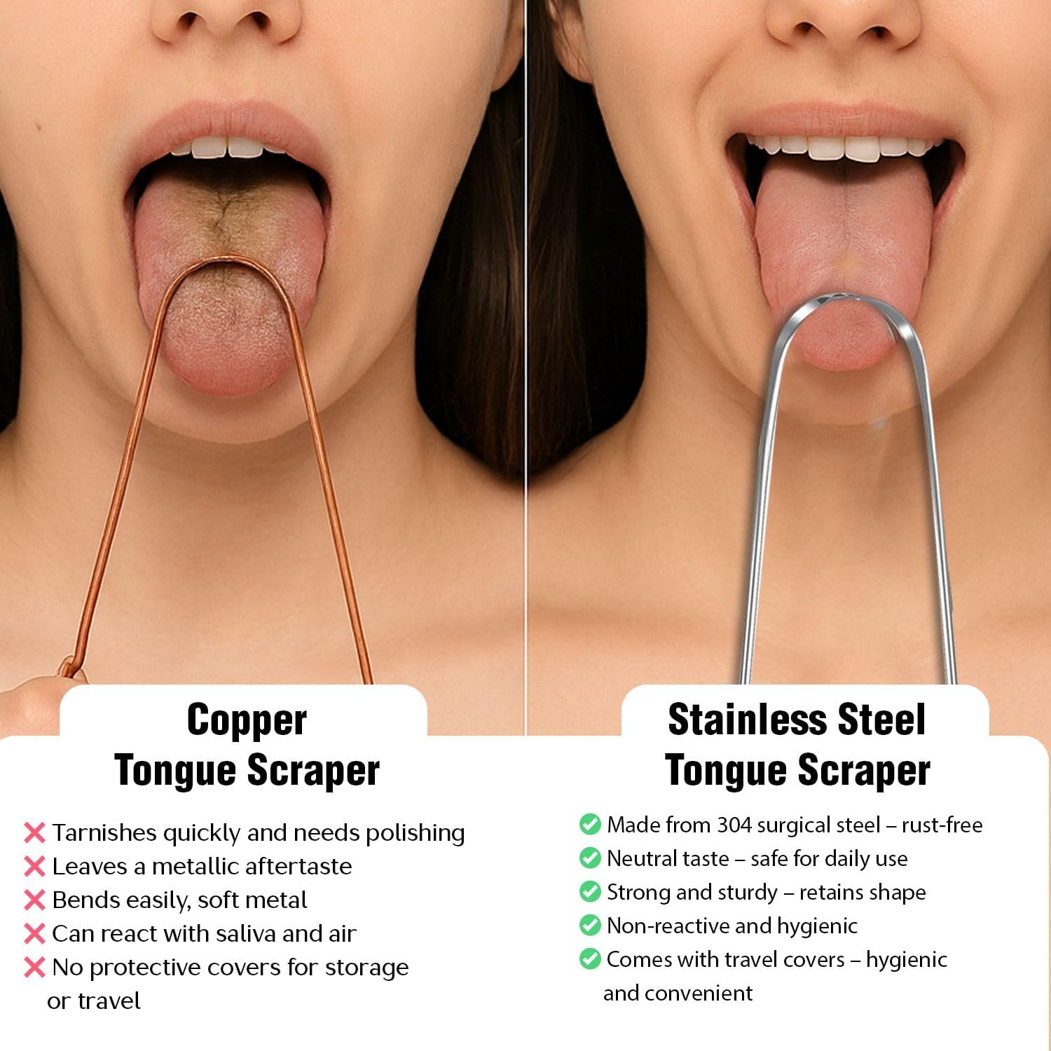 Stainless Steel Tongue Cleaner, 2 Pack with Travel Case and Unique Identifying Mark, Scrapes All Gunk, Fights Bad Breath, Improves Oral Hygiene