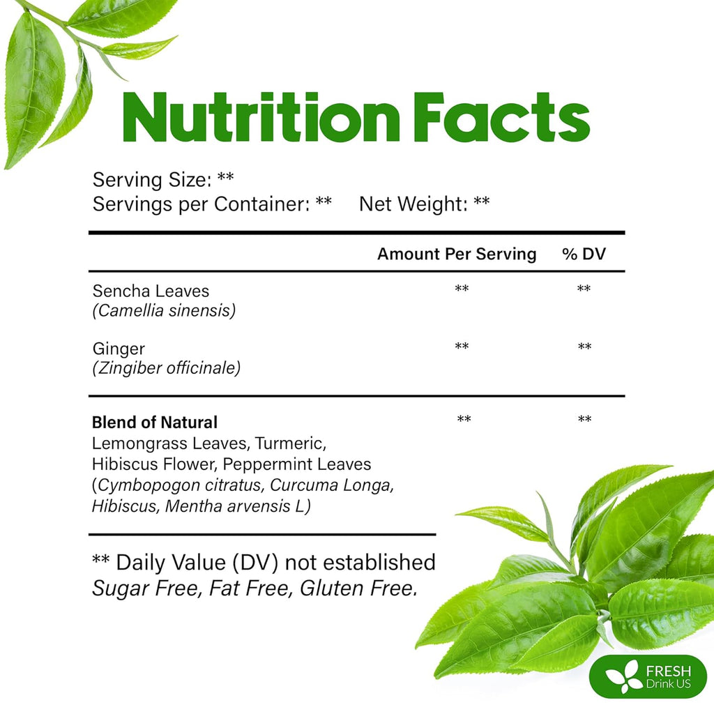 FreshDrinkUS, Premium Green Ginger Tea | 75 Tea Bags | Sencha Green Tea with Ginger, Lemongrass, Turmeric, Hibiscus & Peppermint | Natural Herbal Blend | Comfort & Refreshing, Vegan