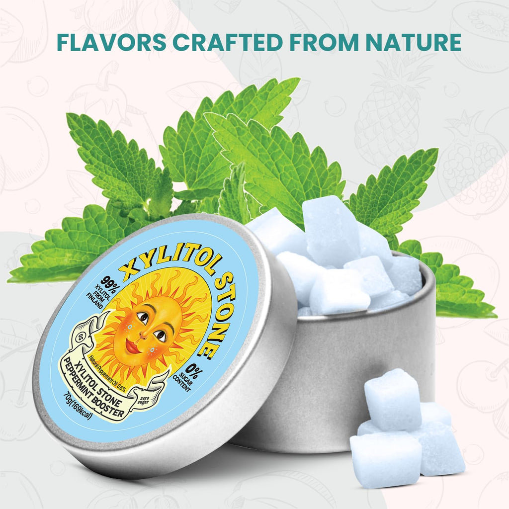 Xylitol Stone Sugar Free Candy - Vegan & Keto Friendly Unique Hard Candy - 100% Natural Flavor Candies - Gluten Free & Non-GMO Breath Freshener Low Calorie Mints - Peppermint Booster (Pack of 2)