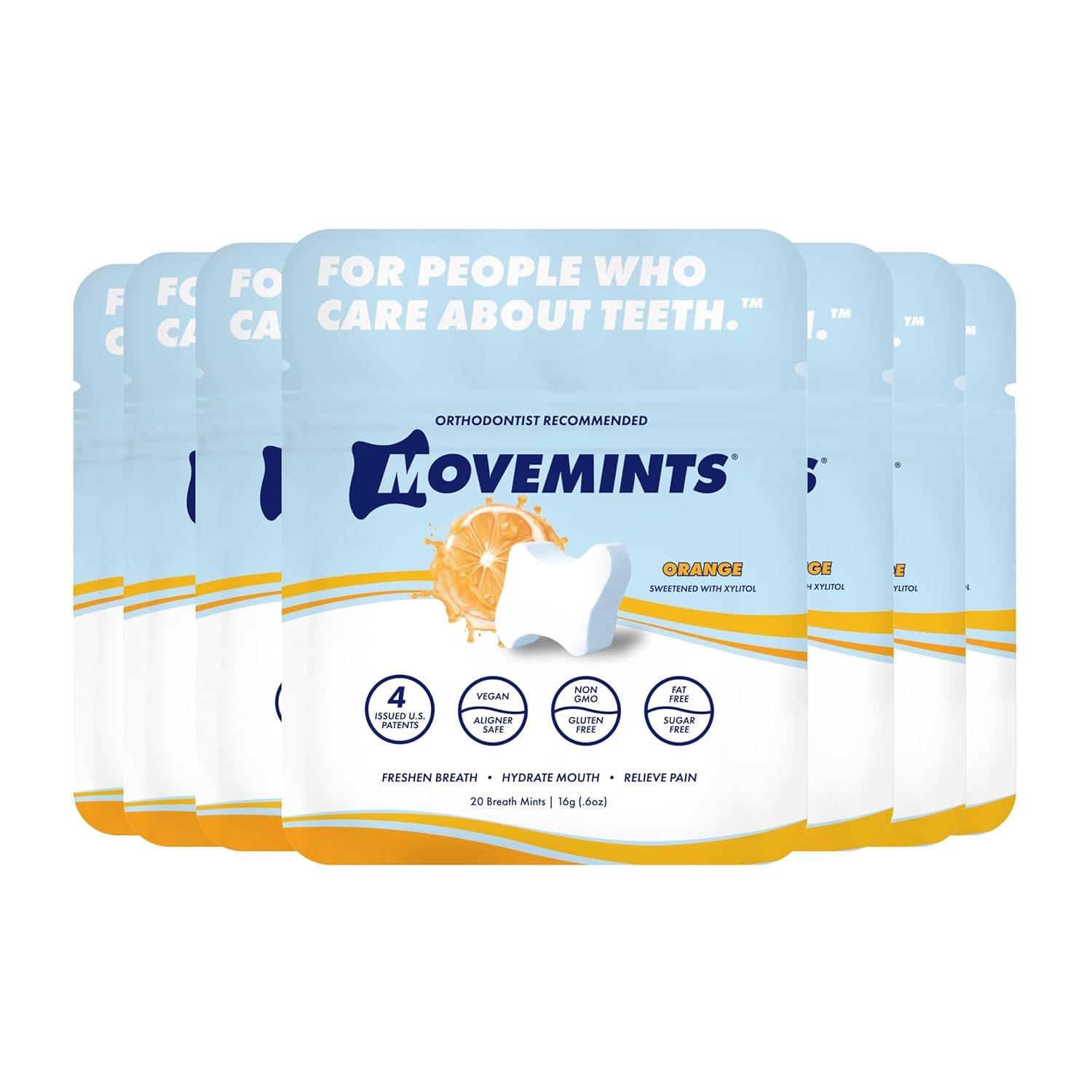 Movemints Clear Aligner Mints - Patented, Edible Alternative to Chewies - Freshen Breath and Improve Dry Mouth with Xylitol - Orange (7 Pack)