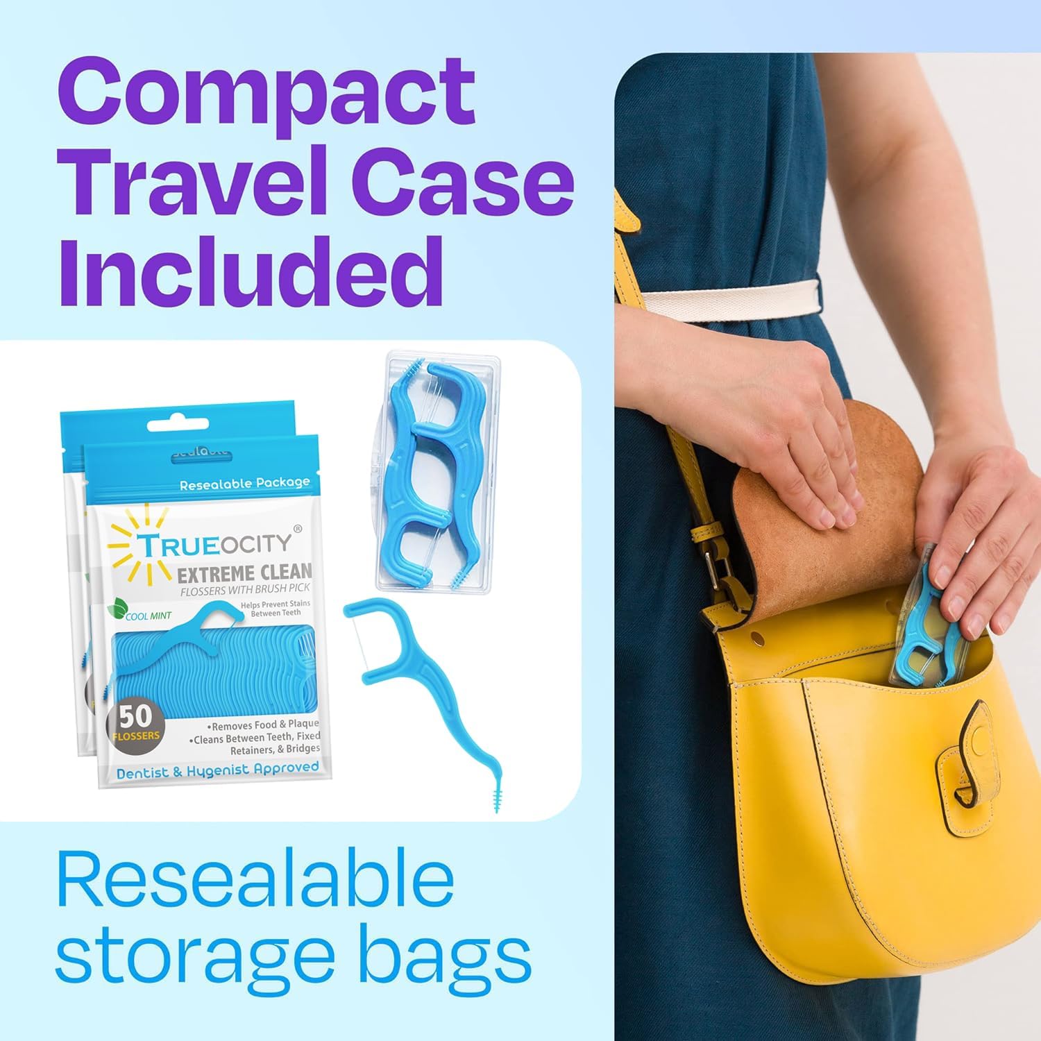 Trueocity Dental Flossers Brush Picks 2 Pack w/Travel Case (100 Total Count), Dental Floss Glides Easy, Flosser Helps Prevent Tooth Decay & Gum Disease, Easy Grip, Flossers for Adults, Mint Flavored