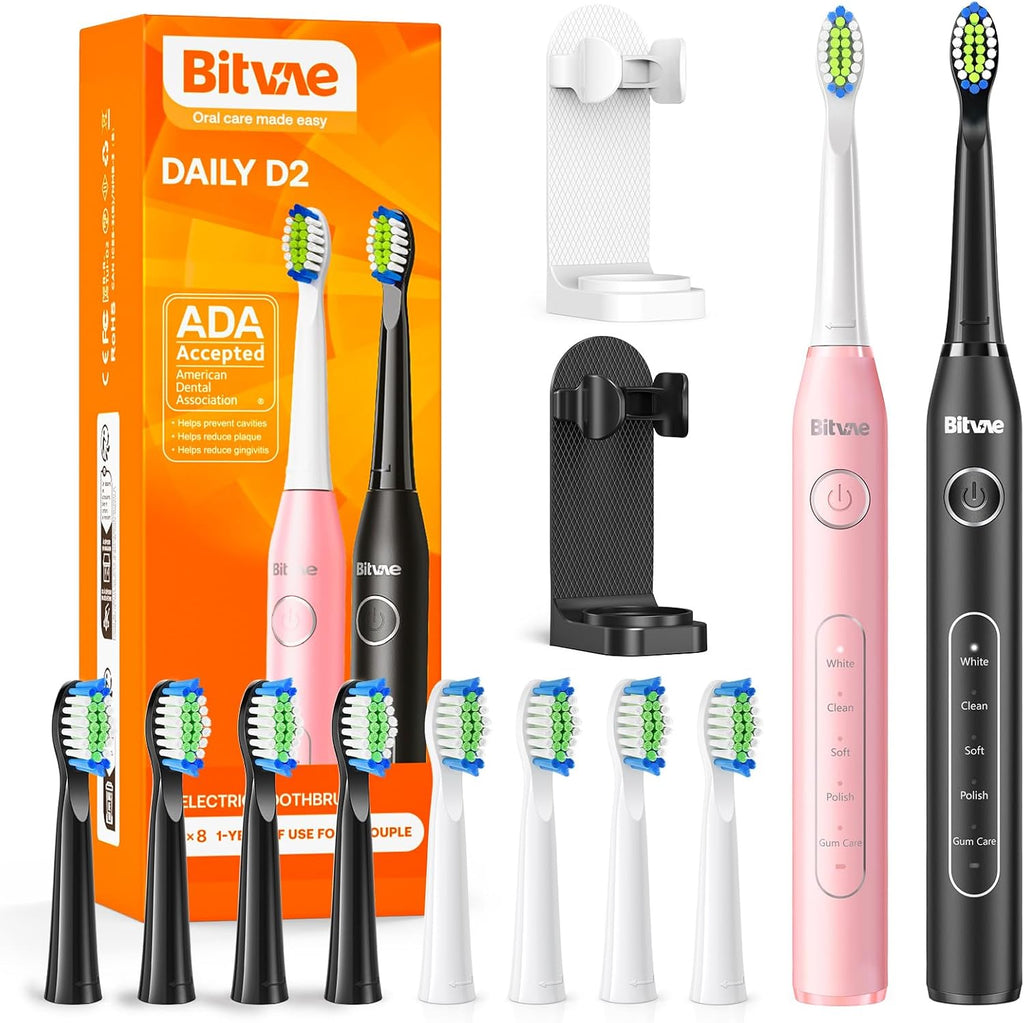 Bitvae Electric Toothbrushes 2 Pack With Holders, Ultrasonic Electronic 8 Brush Heads 5 Modes, Rechargeable Power for 30 Days Using, Black & Pink