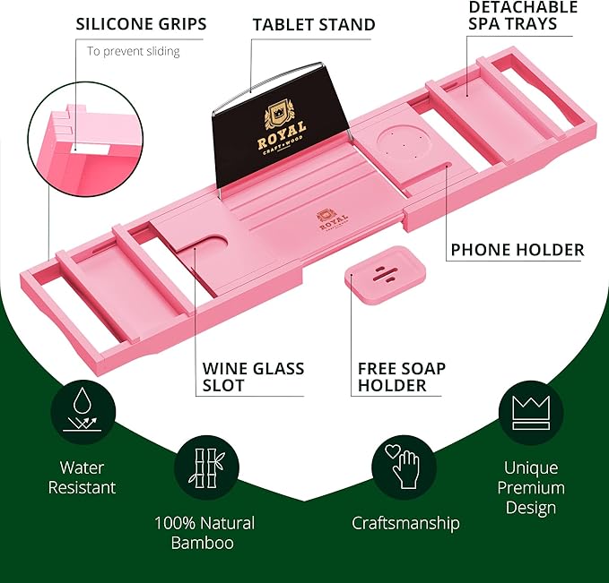 ROYAL CRAFT WOOD Non-Foldable Bathtub Tray - Wood Bath Tray for Tub, Bamboo Bathtub Shelf, Expandable Bath Table Trays, Luxury Bathroom Accessories for New Home & Unique Gift for Women