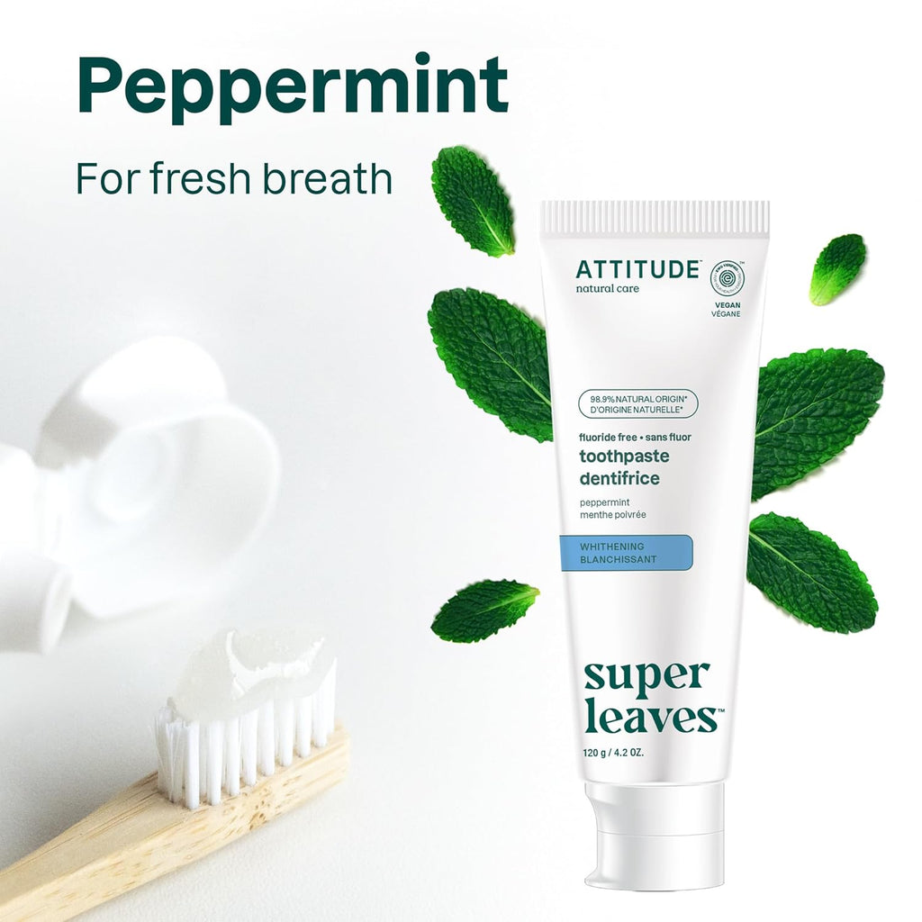 Attitude Fluoride-Free Whitening Toothpaste, Peppermint Flavor, Vegan & Cruelty-Free, Sugar-Free, Plant & Mineral-Based Ingredients, Clean Oral Care, 4.2 Oz