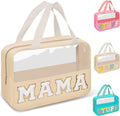 Preppy Clear Mama Makeup Bags with Chenille Letter Patches, Travel Essentials Large Clear Make up Bag Zipper Pouch with Handle, Waterproof Nylon Cosmetic Toiletry Storage Tote for Women (MAMA-Beige)