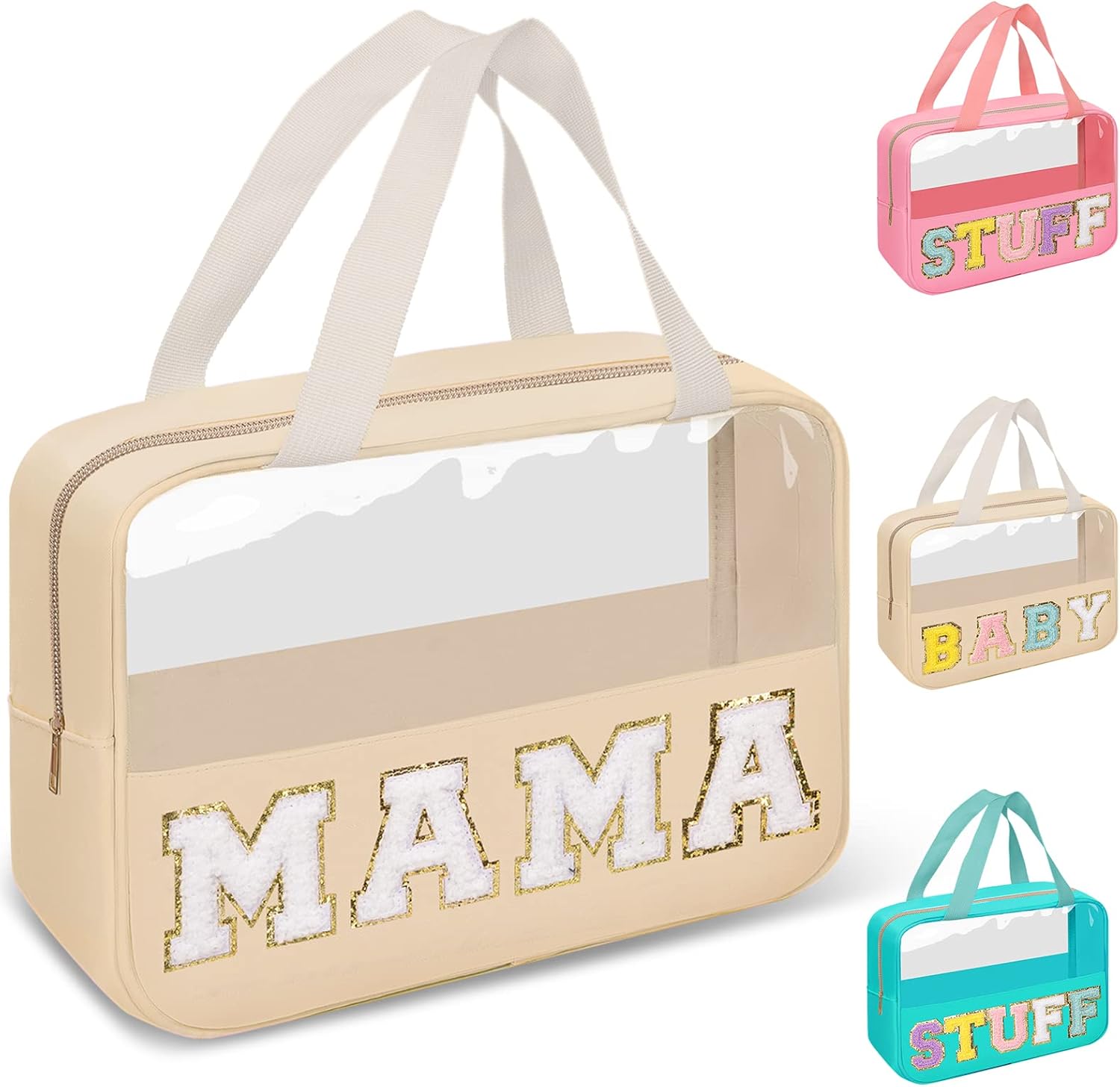 Preppy Clear Mama Makeup Bags with Chenille Letter Patches, Travel Essentials Large Clear Make up Bag Zipper Pouch with Handle, Waterproof Nylon Cosmetic Toiletry Storage Tote for Women (MAMA-Beige)