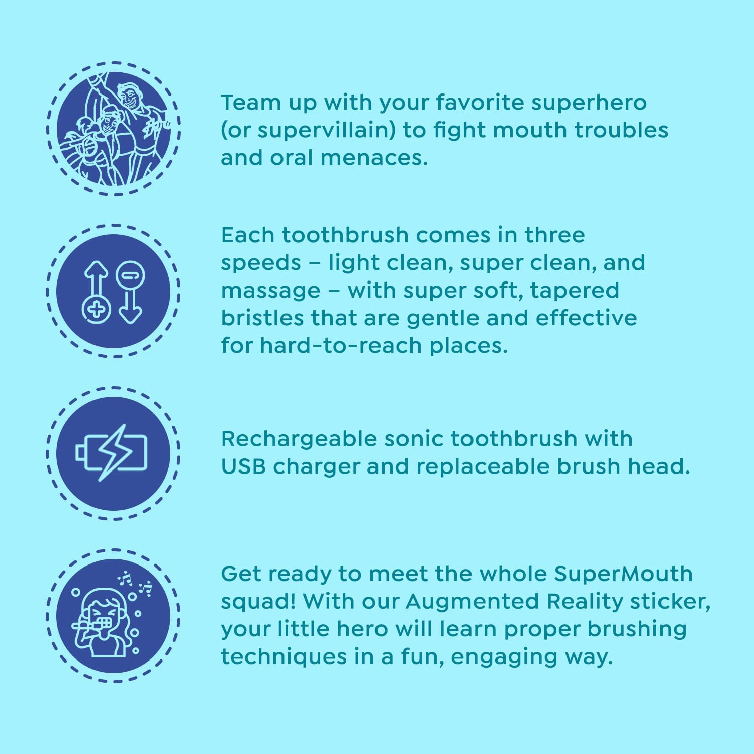 SuperMouth Smile Sidekick Sonic Toothbrush for Kids – Rechargeable, 3 Brushing Modes, Ultra-Soft Bristles, 2-Min Timer, Replaceable Brush Head – Includes Augmented Reality Sticker to Teach Brushing