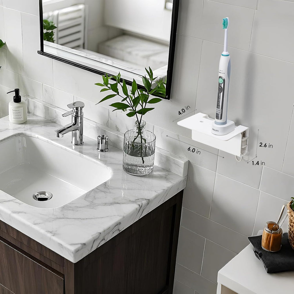 Modern Acrylic Wall Mounted Electric Toothbrush Holder with Hidden Cable Management - Space-Saving Bathroom Organizer for Shower-Safe, Waterproof Adhesive Mount No Drill-White