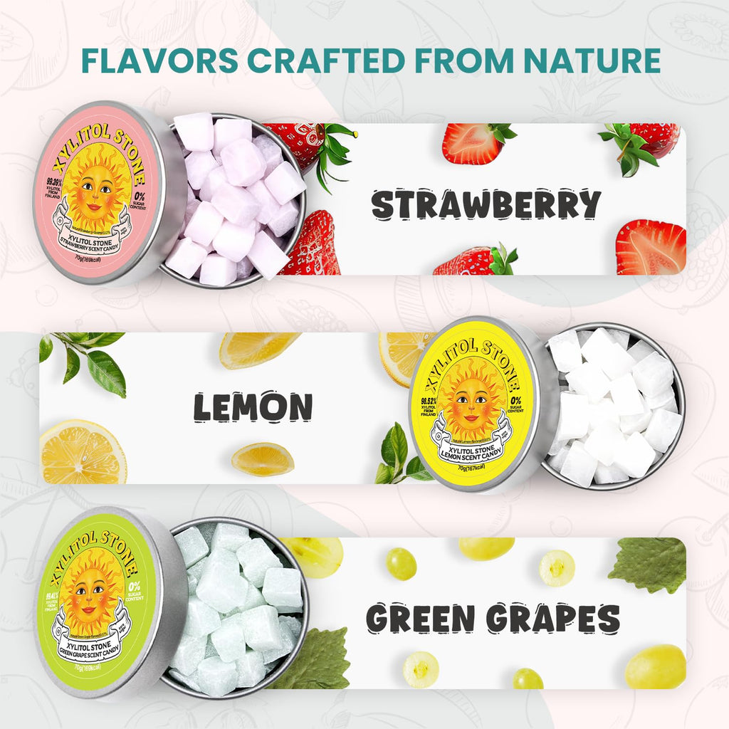 Xylitol Stone Sugar Free Candy - Vegan & Keto Friendly Unique Hard Candy - 100% Natural Flavor Candies - Gluten Free & Non-GMO Breath Freshener Mints - Pack of 3 (Strawberry, Green Grape, Lemon)