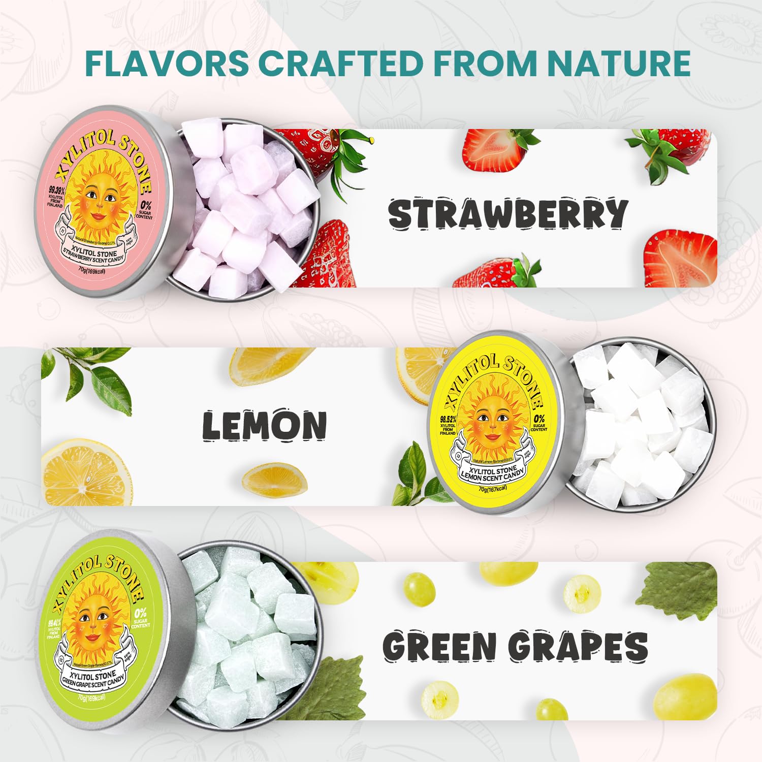 Xylitol Stone Sugar Free Candy - Vegan & Keto Friendly Unique Hard Candy - 100% Natural Flavor Candies - Gluten Free & Non-GMO Breath Freshener Mints - Pack of 3 (Strawberry, Green Grape, Lemon)