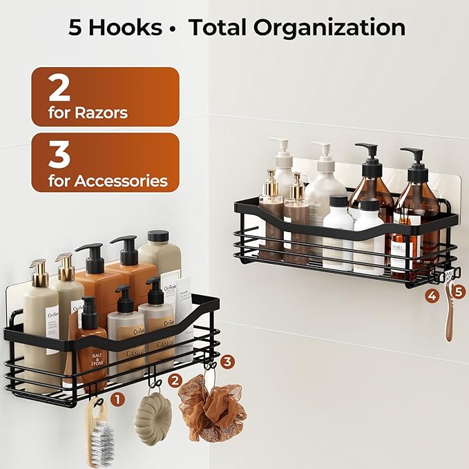 Orimade Adhesive Shower Caddy Shelf with 5 Hooks Organizer Storage Rack Rustproof Wall Mounted Stainless Steel No Drilling for Bathroom, Toilet, Kitchen - 2 Pack,Black