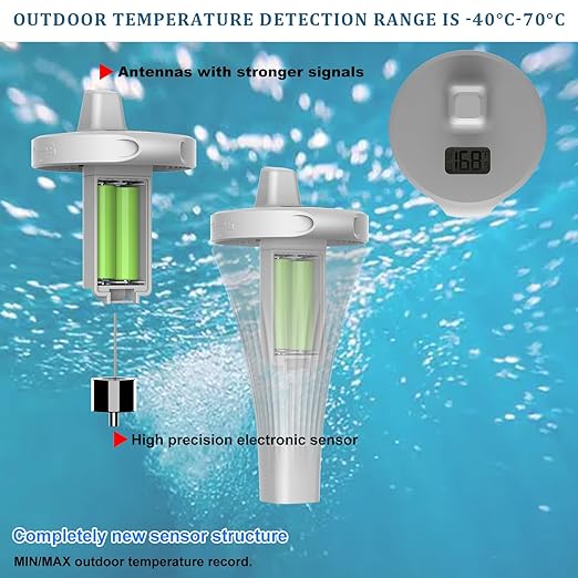 2025 New Digital Pool Thermometer Floating Easy Read, IPX8 Swimming Thermometer Wireless,Water Temperature with LCD Display, Outdoor Floating Thermometers for Bath Pool Hot Tubs Fish Tank with 2m Rope