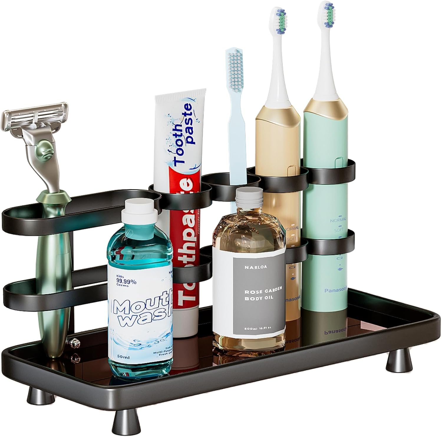 Electric Toothbrush Holder for Bathroom Countertop 5 Metal Slots Toothpaste Razor Mouthwash Organizer, Black