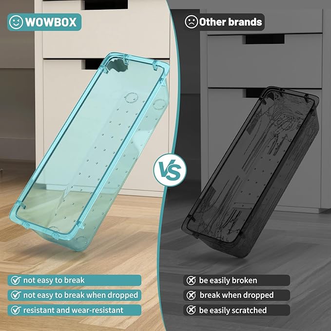 WOWBOX 16 PCS Plastic Drawer Organizer Set, 4 Sizes Desk Drawer Organization and Storage Containers for Makeup, Cosmetics, Jewelry and Gadgets in Kitchen, Bathroom, Bedroom, Office, Clear Sea Blue