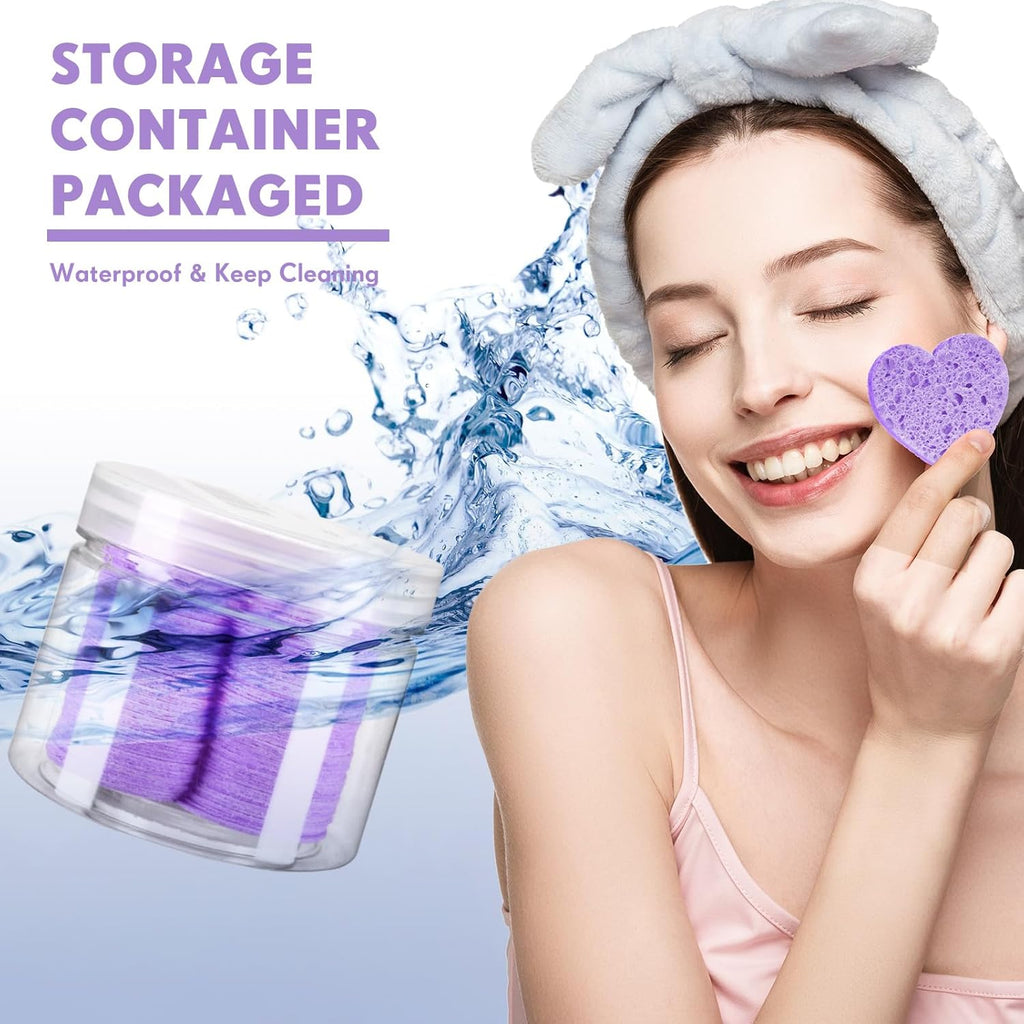 Nuenen 60 Pieces Facial Sponges with Container, Heart Shape Compressed Face Sponges Natural Cleaning Pads for Washing Face Cleaning Exfoliating Esthetician Makeup Removal(Purple)