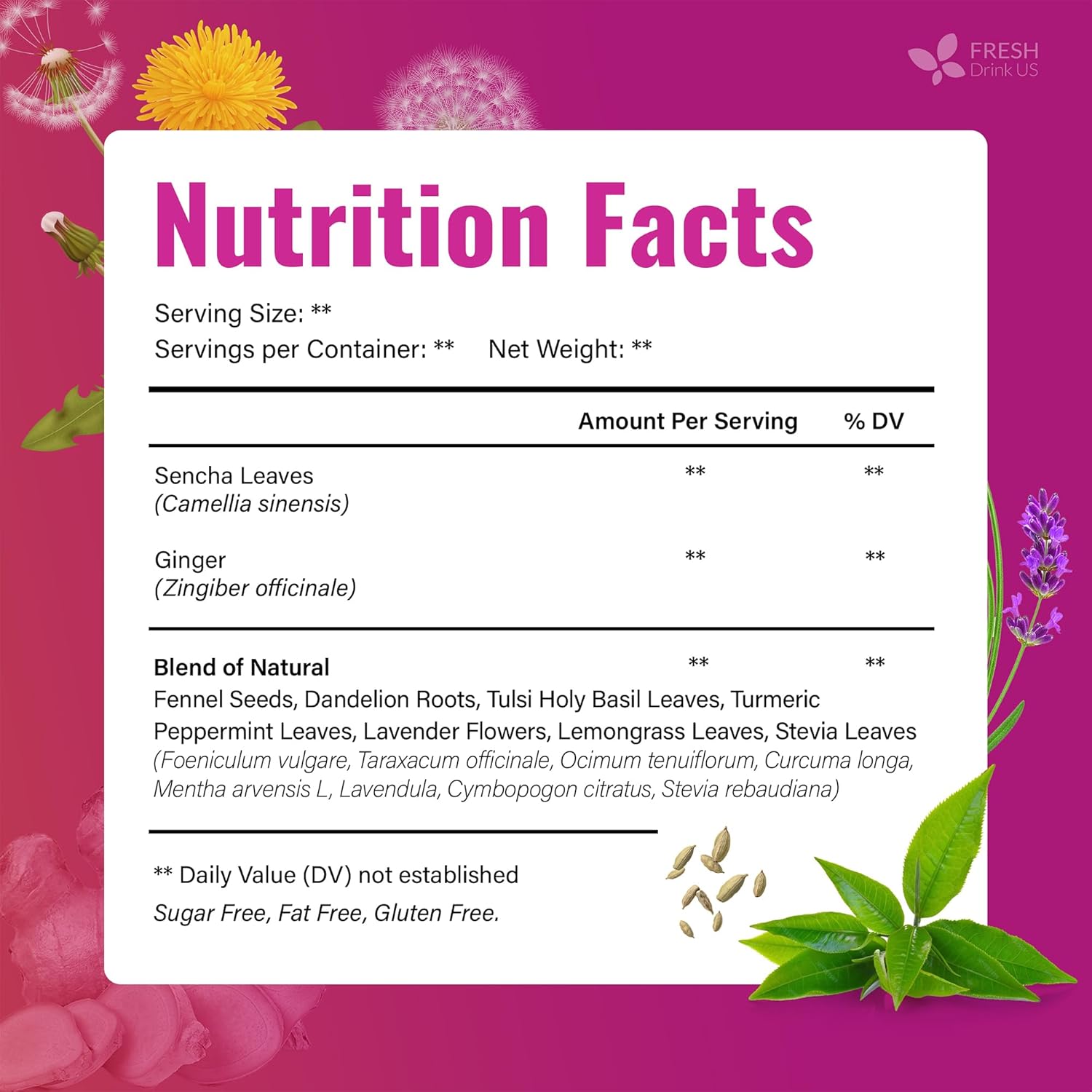 FreshDrinkUS, Premium Herbal Wellness Tea Bags | 75 Count | Blend of Sencha, Ginger, Fennel, Dandelion, Tulsi, Turmeric, Peppermint, Lavender, Lemongrass & Stevia – Herbal Tea. Vegan