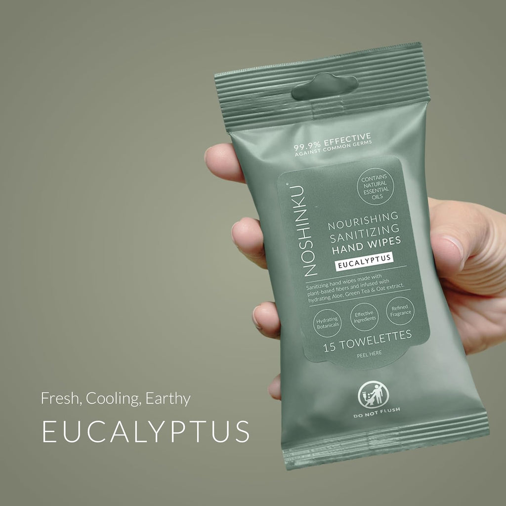 Noshinku Eucalyptus Hand Sanitizer Wipes, 3-Pack (45 Towelettes) – Resealable Travel Wipes with Ethyl Alcohol, Aloe & Green Tea, Plant-Based Fiber, Essential Oil Scents, Cruelty-Free & No Dyes