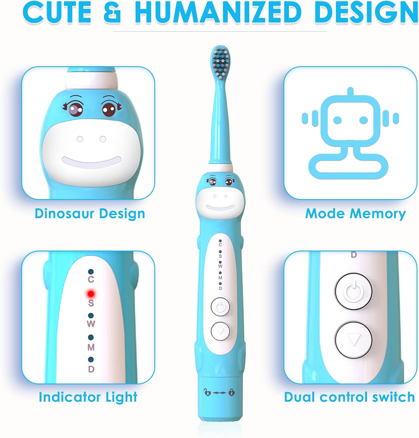 Dinosaur Toothbrush, Kids Sonic Electric Toothbrush for Children, Toddlers Boys Girls Age 3-12 with 30s Reminder, 2 Mins Timer, 5 Modes, 8 Brush Heads