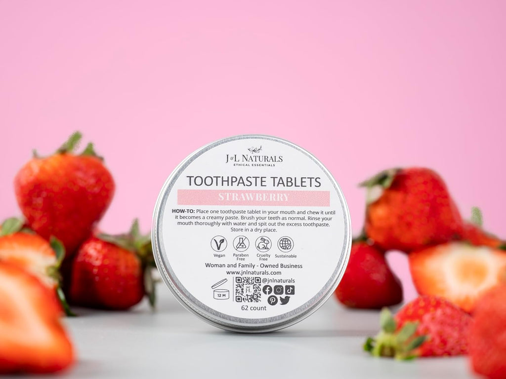 J&L Naturals Toothpaste Tablets | 62-Pack Travel-Friendly Toothpaste | Fluoride + Plastic Free, Vegan, Cruelty Free, Sustainable | Woman-Owned Small Business (Strawberry, 62 Count (Pack of 4))