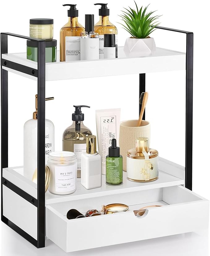 2-Tier Bathroom Organizer Countertop with Drawer, Wood Counter Shelf for Storage, Vanity Tray for Bathroom Organization and Decor, Countertop Organizer for Kitchen, Office (White)
