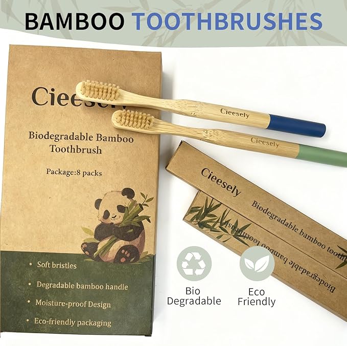 8 Pack Bamboo Toothbrushes - Soft Bristles, BPA Free, Eco-Friendly Natural Wooden Toothbrushes for Adults & Family, Zero Waste Compostable Handle