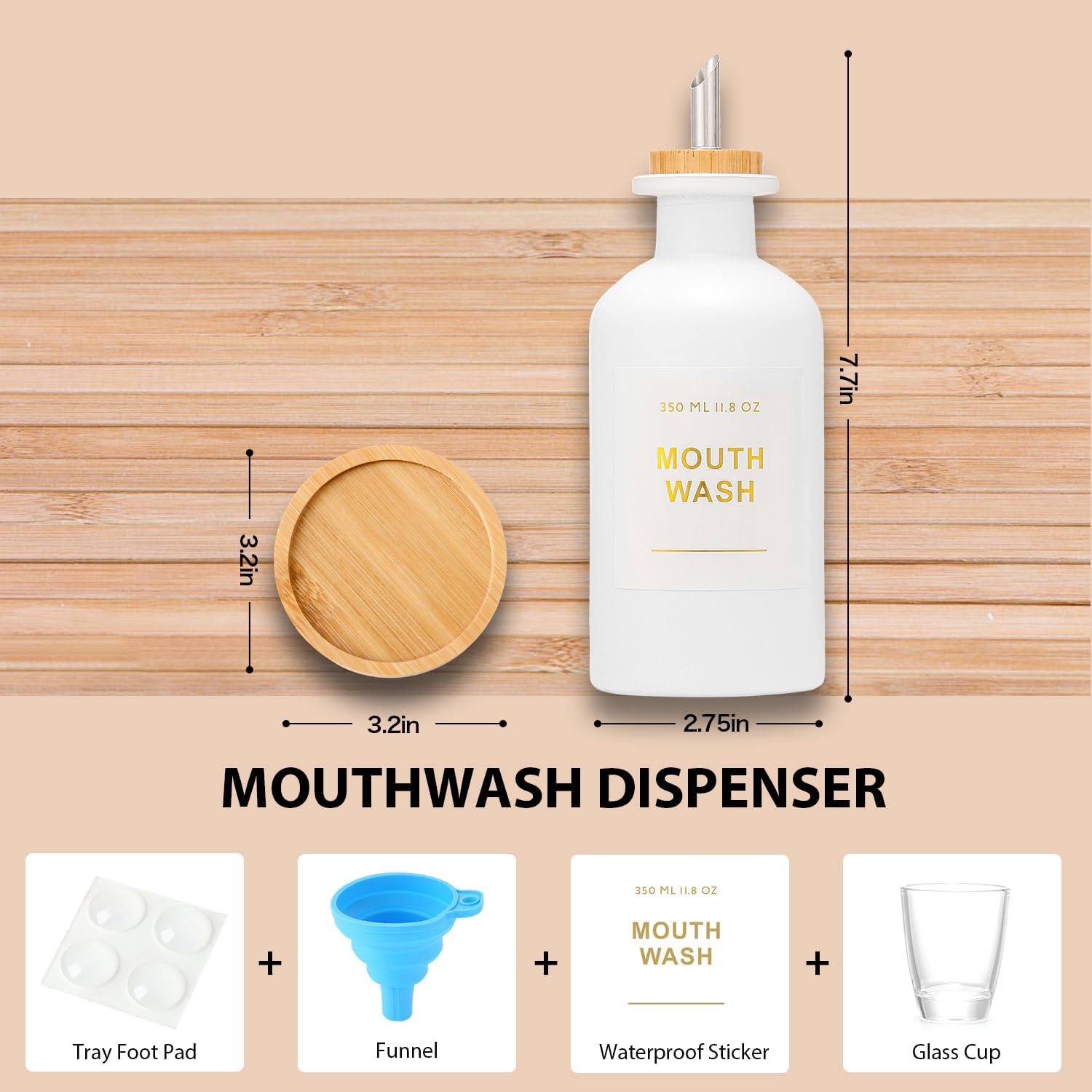 11.8OZ Mouthwash Dispenser for Bathroom with Bamboo & Stainless Steel Pour Spout, Mouthwash Cup Reusable, Bamboo Tray, and Elegant Gold Label. （White