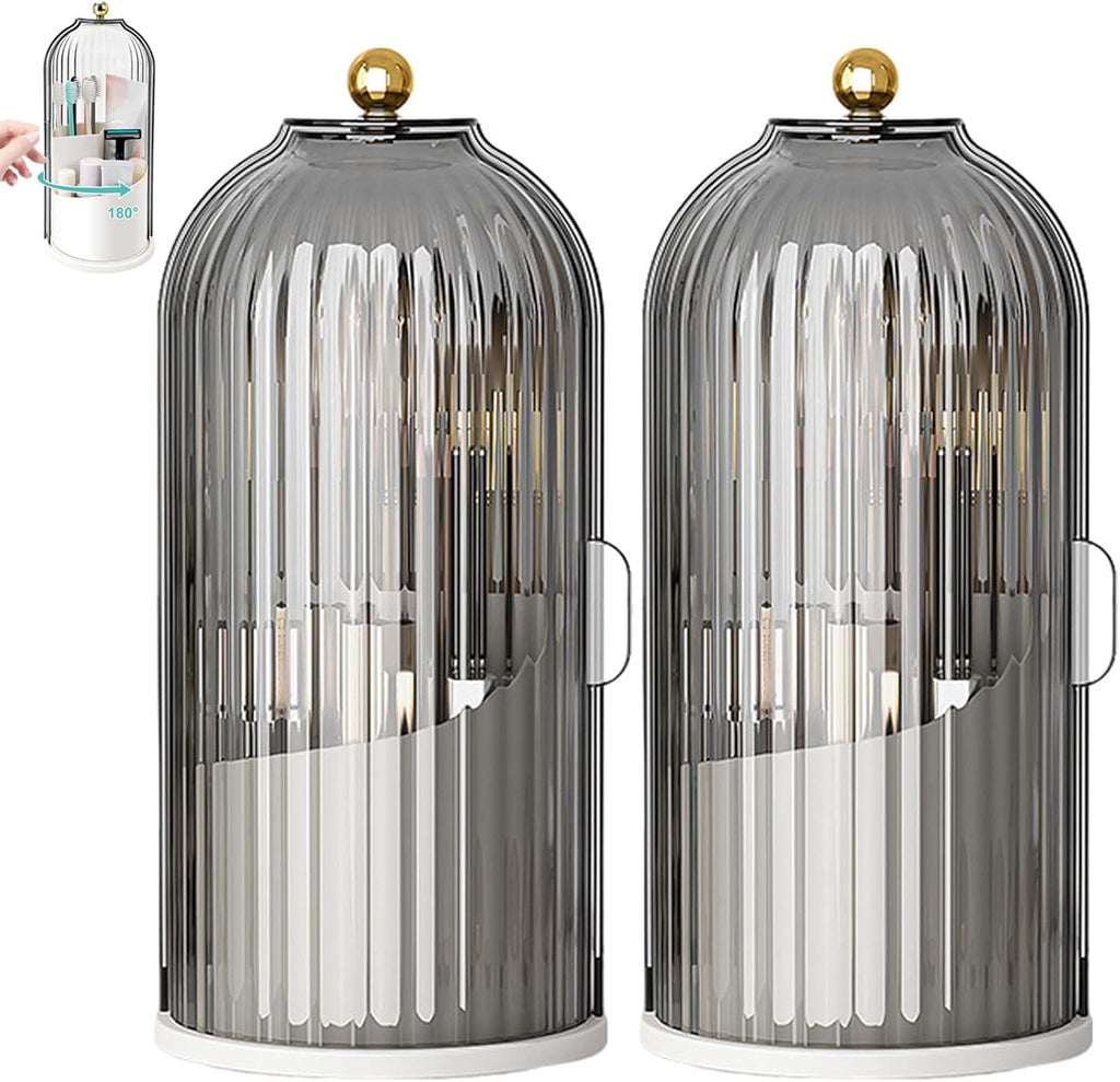 Sliding Lid Toothbrush Organizer, Toothbrush Holders with Sliding Lid, 360° Rotating Dustproof Concealed Toothbrush Holder, 3-Slot Varying Heights, Ideal for Bathroom, Makeup & Travel (2Pcs Black)