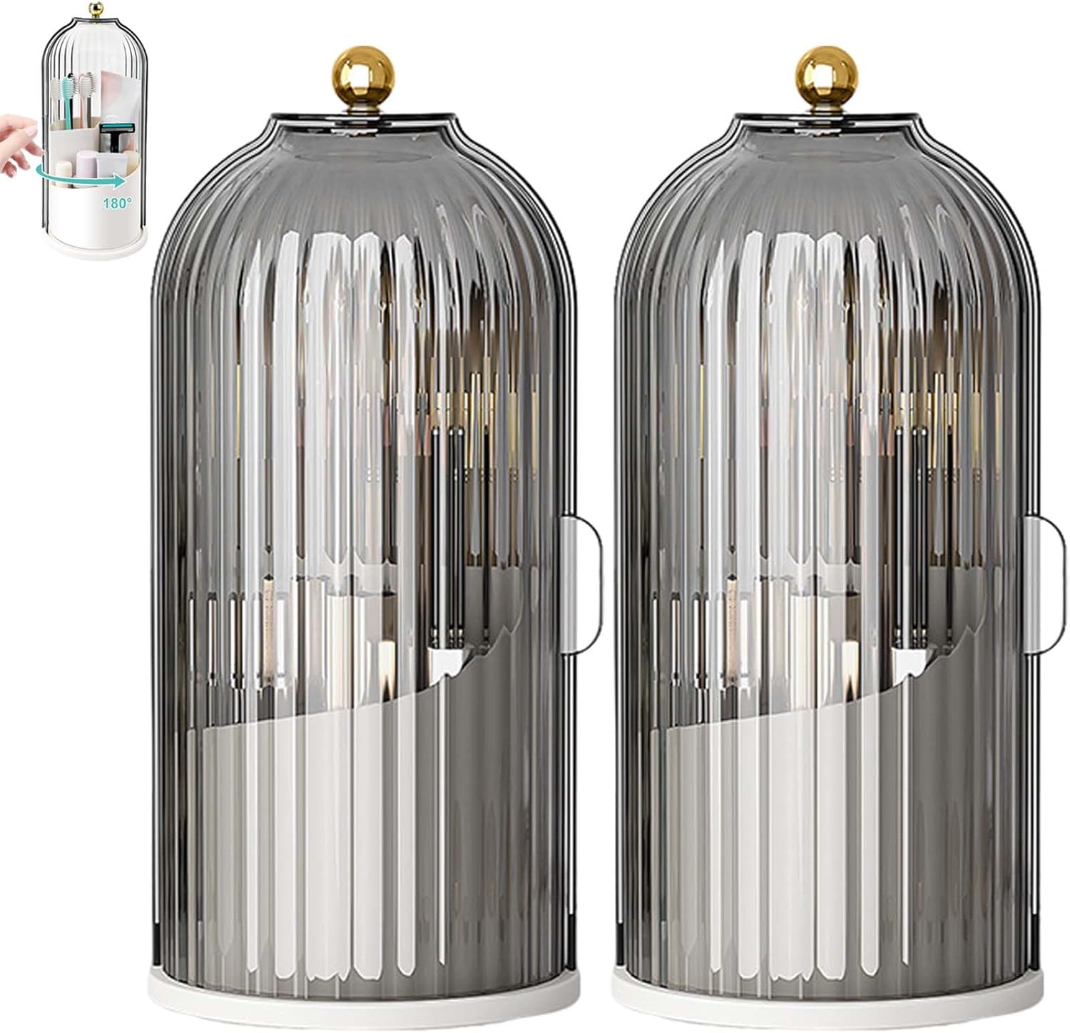 Sliding Lid Toothbrush Organizer, Toothbrush Holders with Sliding Lid, 360° Rotating Dustproof Concealed Toothbrush Holder, 3-Slot Varying Heights, Ideal for Bathroom, Makeup & Travel (2Pcs Black)