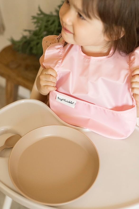 Tiny Twinkle Mess-Proof Baby Bibs for Eating | Waterproof, Wipeable Toddler Bibs with Catch-All Pocket | Feeding Bibs for Girls & Boys(3 Pack,Blue Floral)