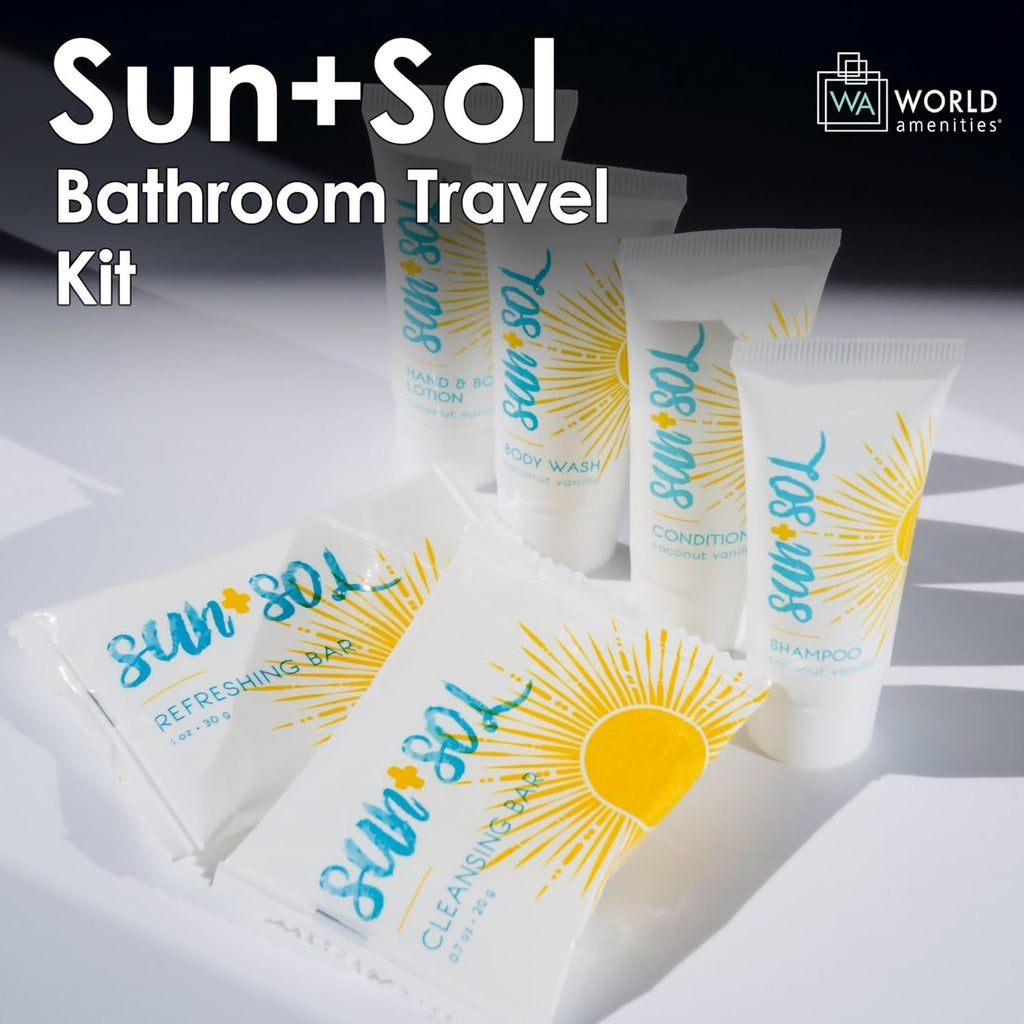 World Amenities Sun+Sol Mini Travel Size Hotel Toiletries Bathroom Kit - Case of 25 Sets - Warm Coconut & Vanilla - Shampoo, Conditioner, Body Wash, Lotion, Cleansing Bar, Soap Bar