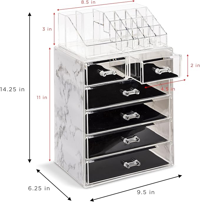 Sorbus Acrylic Makeup Organizer Set, 6-Drawer Vanity & Countertop Cosmetic Storage with Small & Wide Compartments, Marble Print Makeup Storage for Brushes, Jewelry – Holiday Gift for Women & Teens