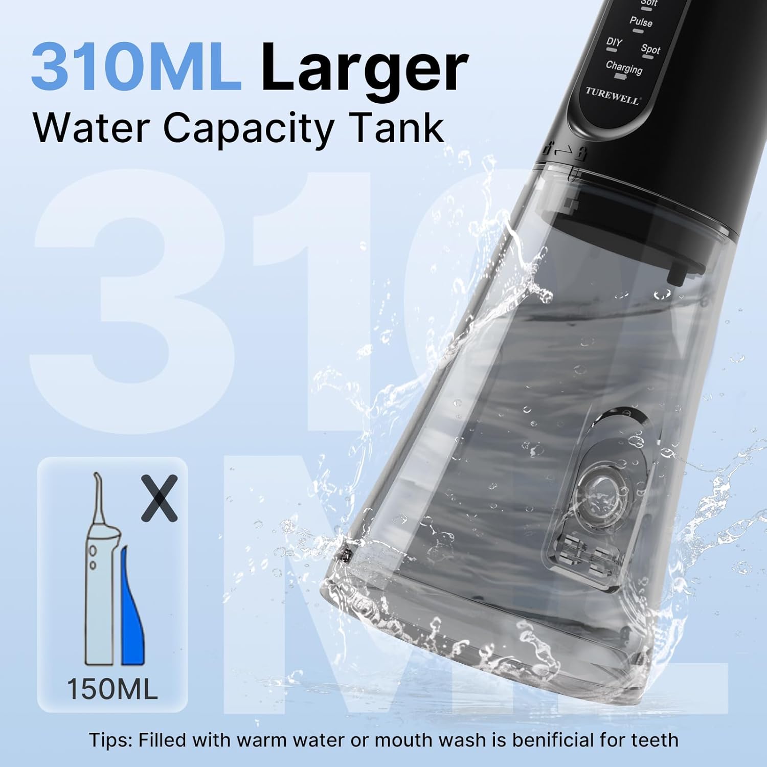 TUREWELL Water Dental Flosser for Teeth/Braces, 310 ML Portable Cordless Oral Irrigator with 5 Modes, IPX7 Waterproof Electric Water Flossing with 4 Replacement Jet Tips for Travel and Home, Black